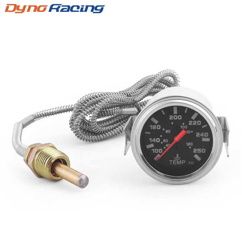 Dyno Racing 2" 52mm 12V Pointer Mechanical Water Temperature Temp Gauge (40-120℃,100-250℉),Yellow Light Car Meter with Sensor NPT 1/2,1.8m Wire Length - Image 2